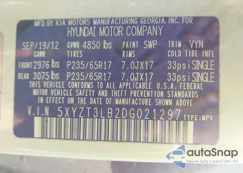 2013 Hyundai Santa Fe Sport z USA, uszkodzony, nr VIN 5XYZT3LB2DG021297